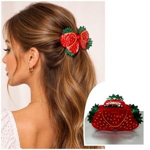 New Set of 2 Strawberry Hair Claw Clip - Red Strawberry Barrette
